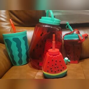 Watermelon-Themed Plastic Drinkware Set, New. Never Used.